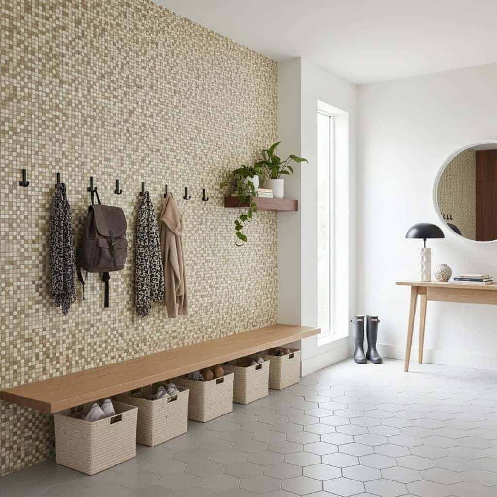 Peel and stick tile wall with hooks and storage baskets in a modern entryway. Perfect for easy home updates and stylish organ.
