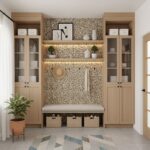 Peel and stick wall tile in a cozy entryway with storage cabinets and decorative accents. Perfect for easy home updates and s.