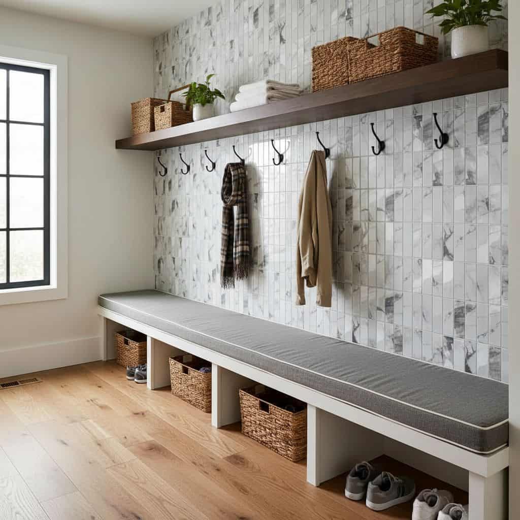 A modern mudroom with a glass tile wall, a long bench, hooks for coats, and storage baskets, creating a functional and stylis.