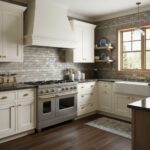 Brick-patterned tile backsplash in neutral tones.