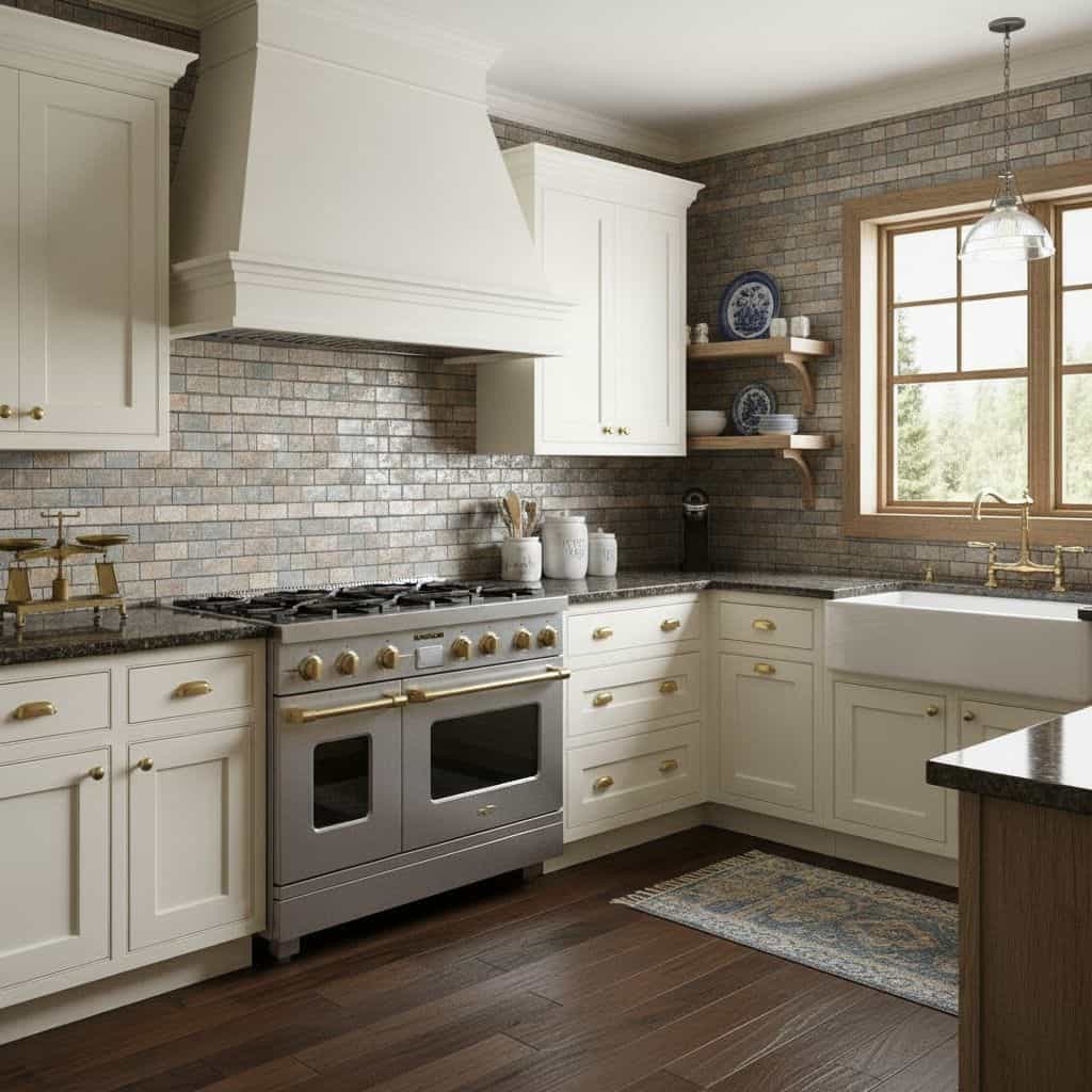 Brick-patterned tile backsplash in neutral tones.