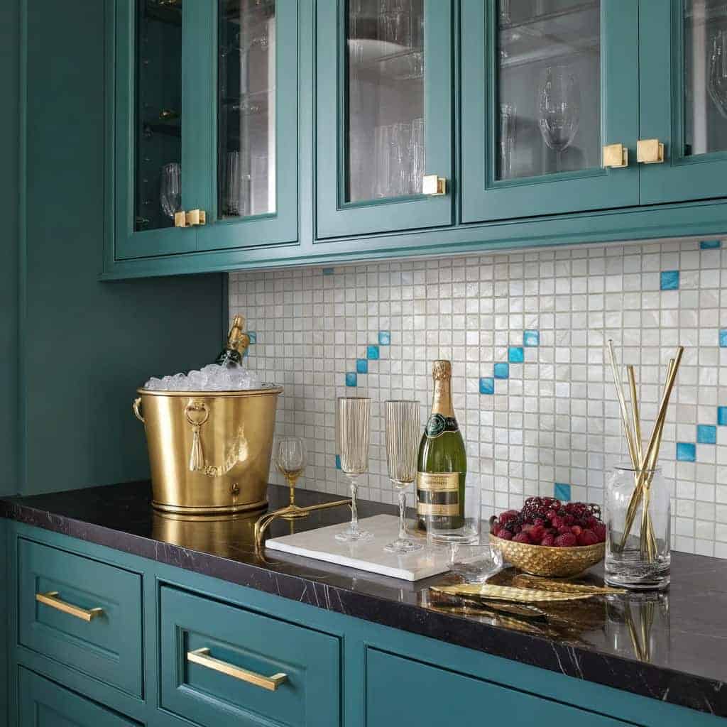 Elegant kitchen backsplash with mother of pearl shell tiles and gold accents.