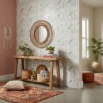 Mother of pearl shell tile decor with mosaic pattern on wall, creating a luxurious and natural aesthetic.