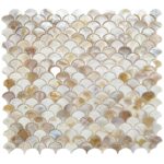 Up of a shell tile made from mother of pearl, showcasing iridescent, natural seashells arranged in a mosaic pattern.