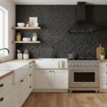 Black textured tile with matte finish in modern kitchen.