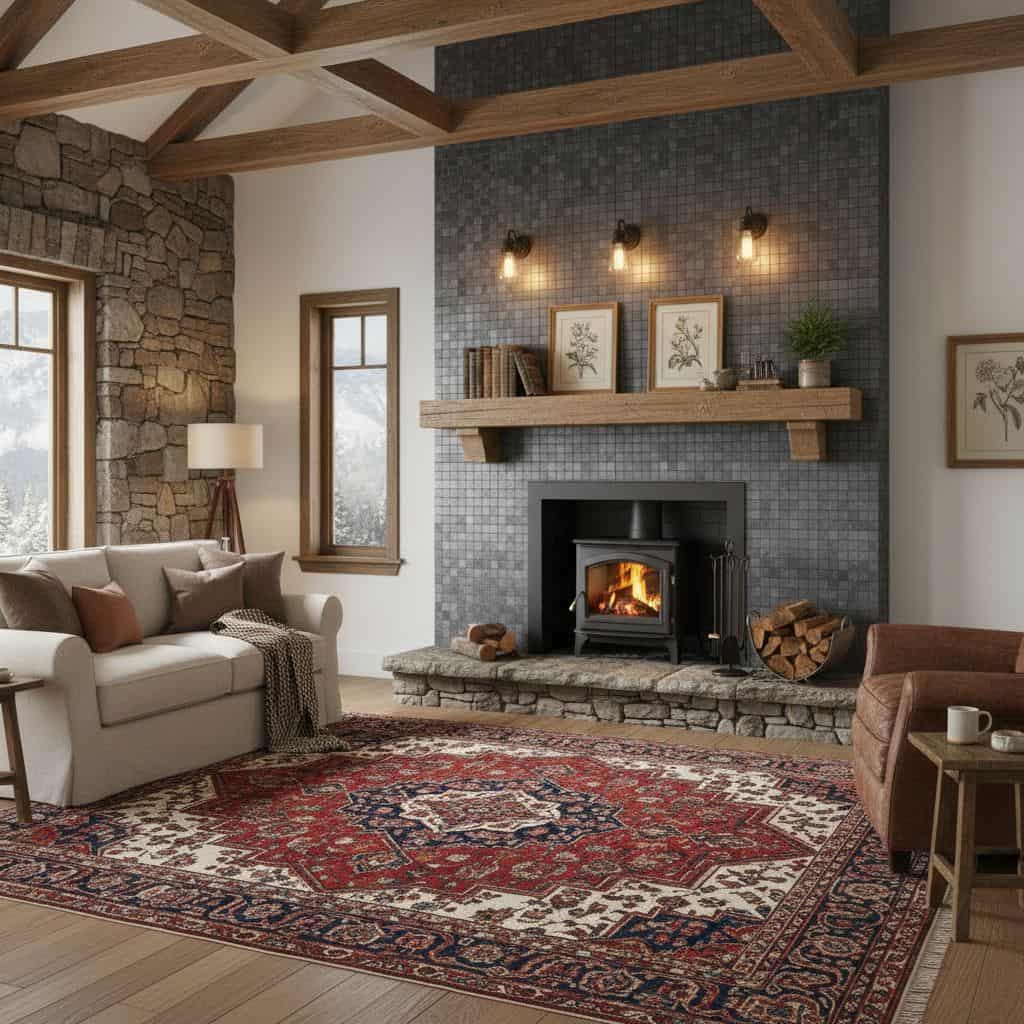 Cozy living room featuring a stone wall fireplace, wooden beams, and a patterned area rug, creating a warm and inviting atmos.