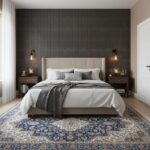 Dark wood textured wall tile with a matte finish behind the bed.