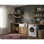 Black textured ceramic tile with matte finish in laundry room.