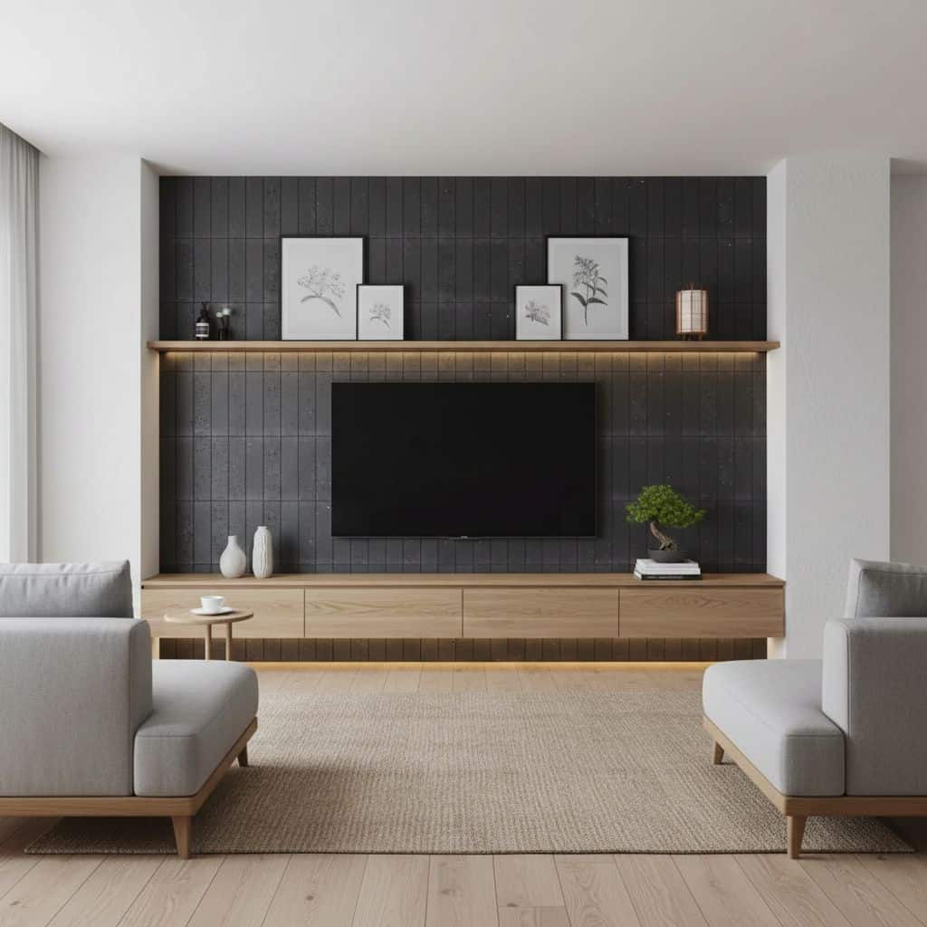 Black wood panel, smooth texture, contemporary design.