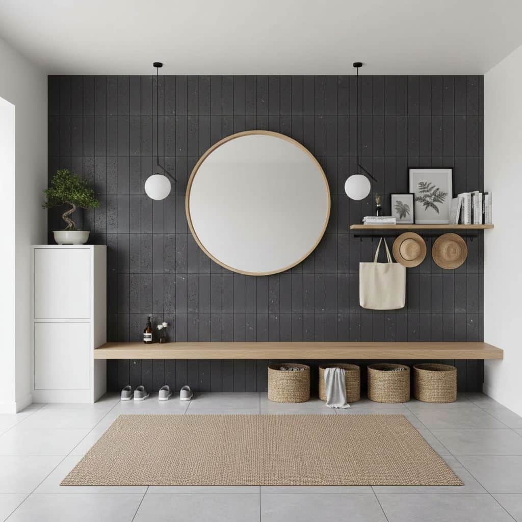 Dark gray textured wall tiles with a round mirror, wooden shelf, and neutral decor create a modern, minimalist entryway.