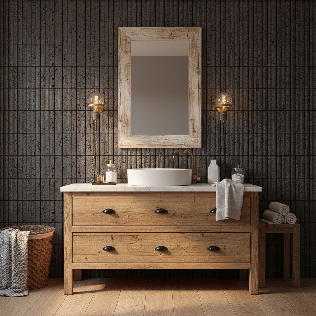 Bright bathroom mirror with wooden frame and wall sconces.