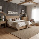Bright bedroom featuring neutral tones, wooden bed frame, and textured dark accent wall. Decor includes framed art, lamps, an.