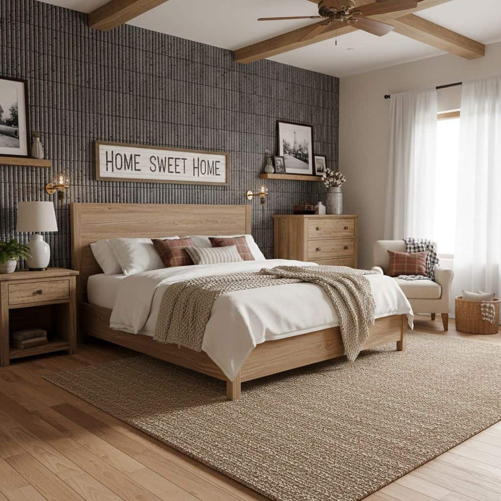 Bright bedroom featuring neutral tones, wooden bed frame, and textured dark accent wall. Decor includes framed art, lamps, an.