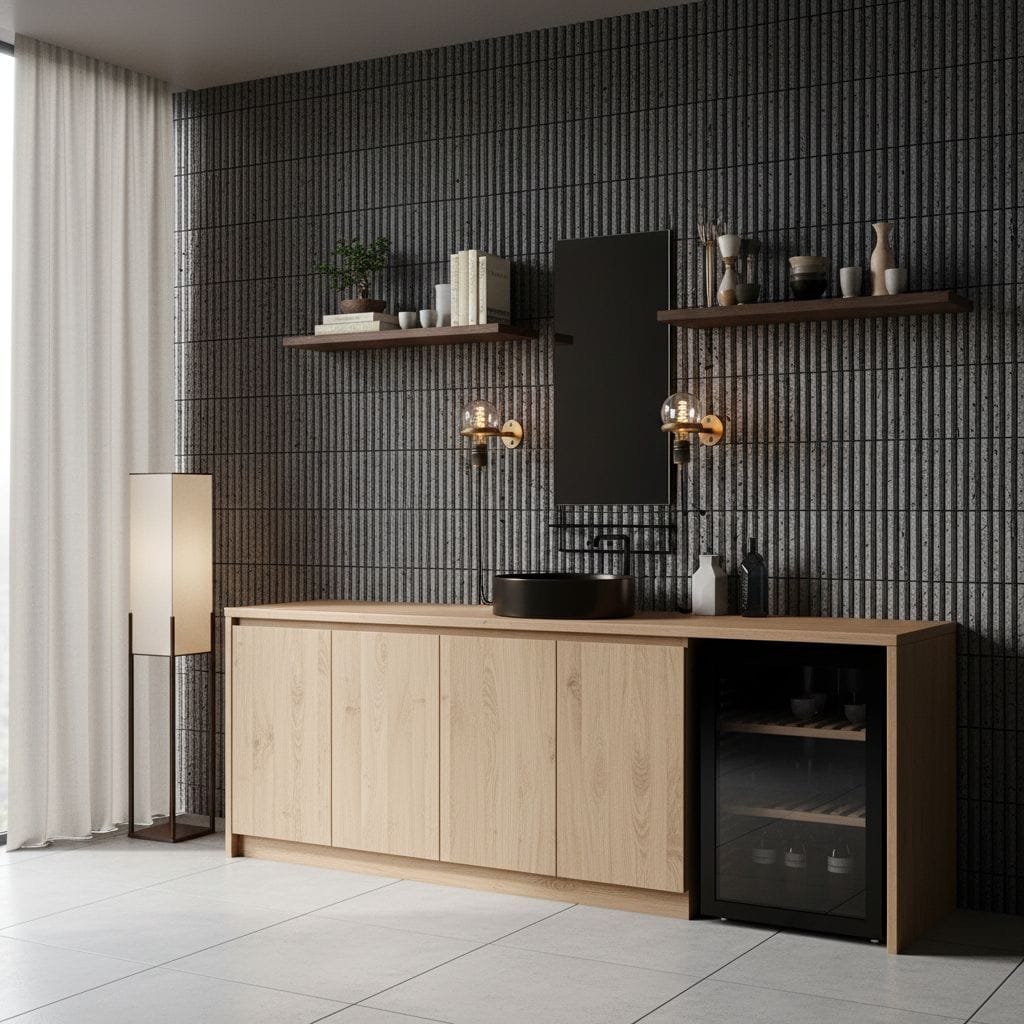 Black textured ceramic tile wall with a matte finish and subtle pattern, complemented by a light wood sideboard and minimalis.