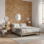 Light wood textured tile with chevron design, warm natural tones, smooth finish, ideal for modern bedroom decor.