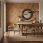 Wooden dining table and chairs with natural finish, complemented by neutral decor.