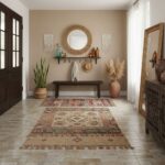 A bohemian-style rug with earthy tones and intricate patterns, perfect for a cozy entryway.