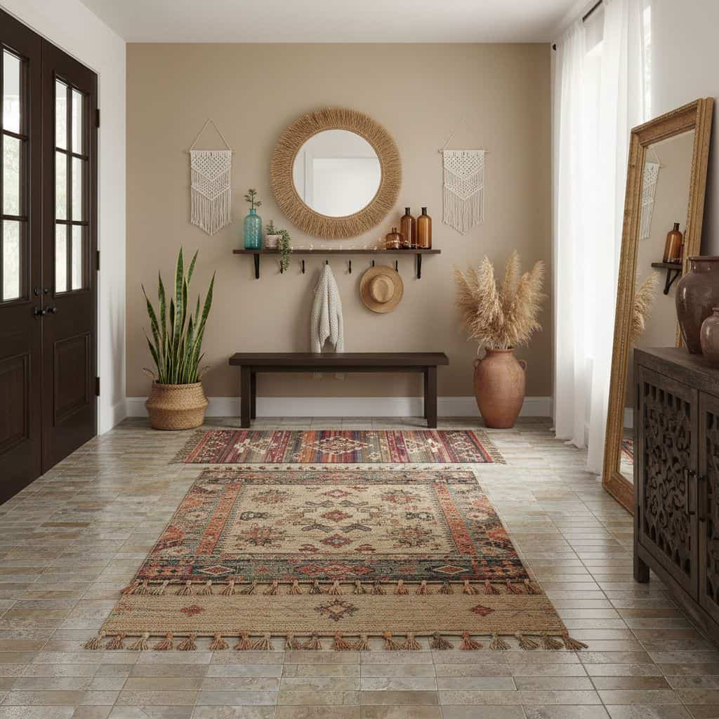 A bohemian-style rug with earthy tones and intricate patterns, perfect for a cozy entryway.