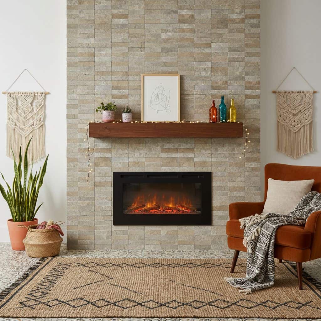 A warm living room featuring a stone fireplace with beige and tan tiles, a wooden mantel, and colorful decorative bottles.