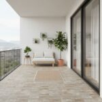 Bright beige ceramic tile flooring with textured surface, complemented by potted plants and a white outdoor sofa.