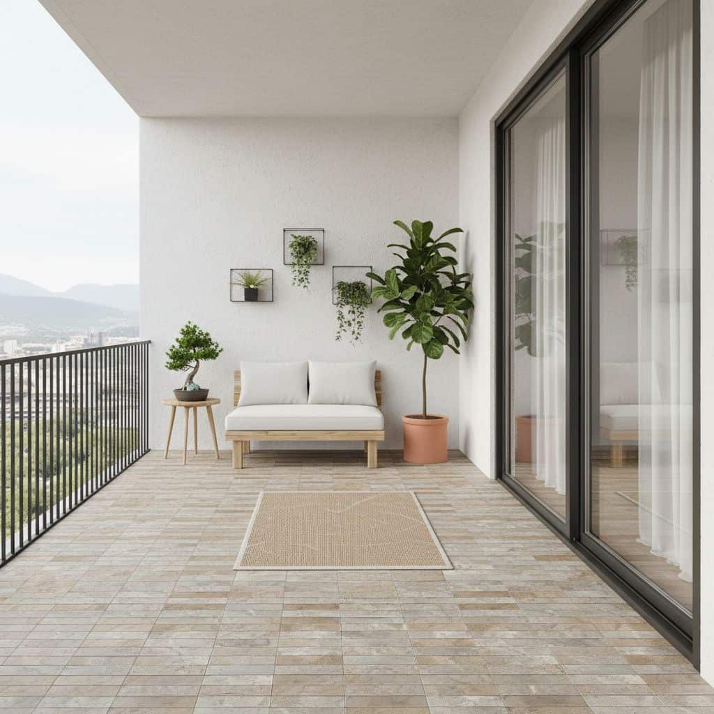 Bright beige ceramic tile flooring with textured surface, complemented by potted plants and a white outdoor sofa.