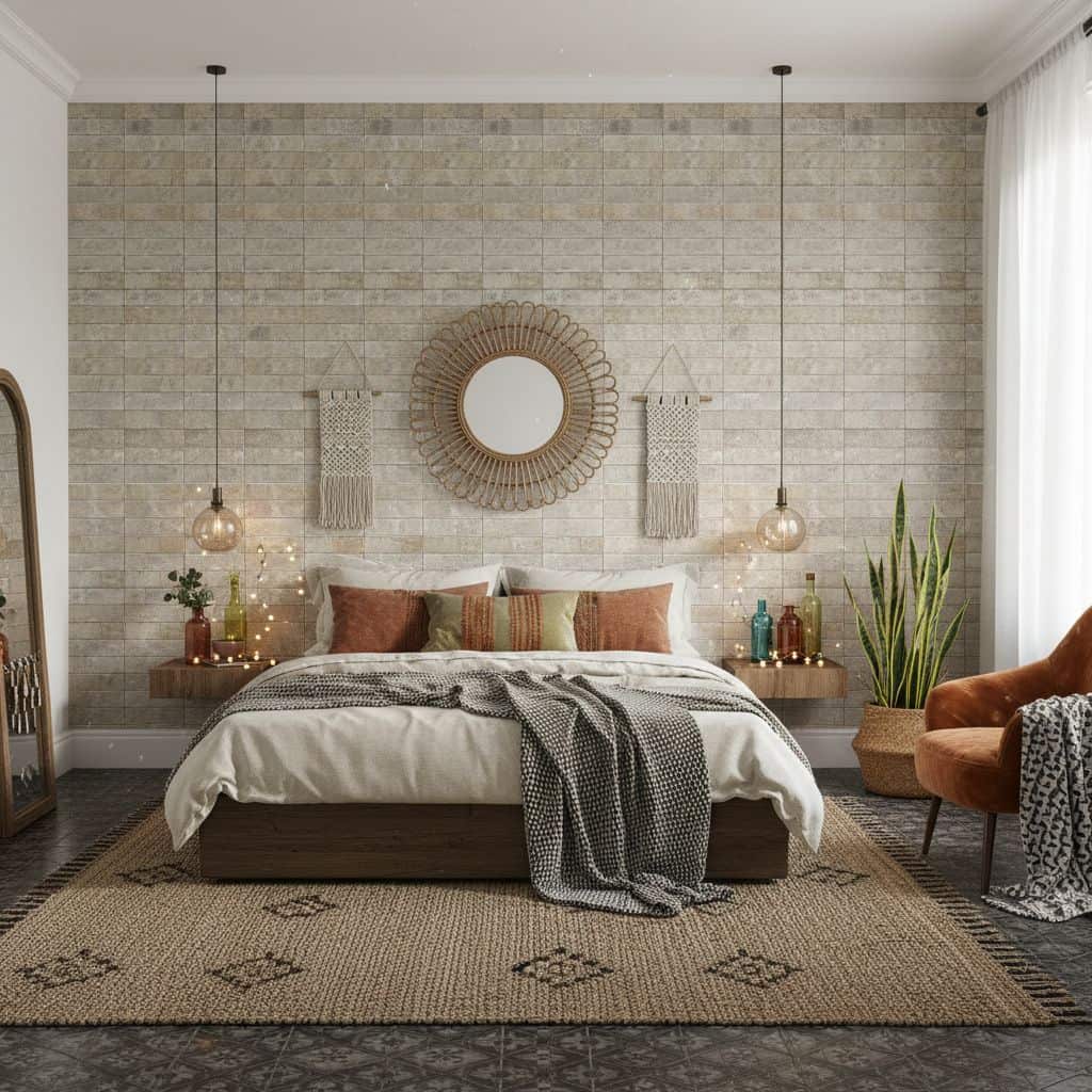 Neutral brick wall with textured surface, warm beige tones, and decorative accents.