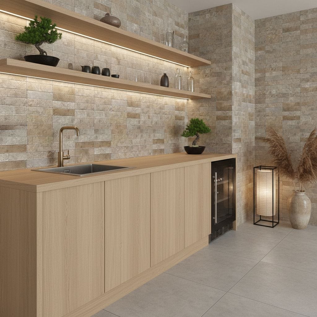 Beige stone-textured tiles with a rough surface, used on kitchen walls for a natural, rustic look.