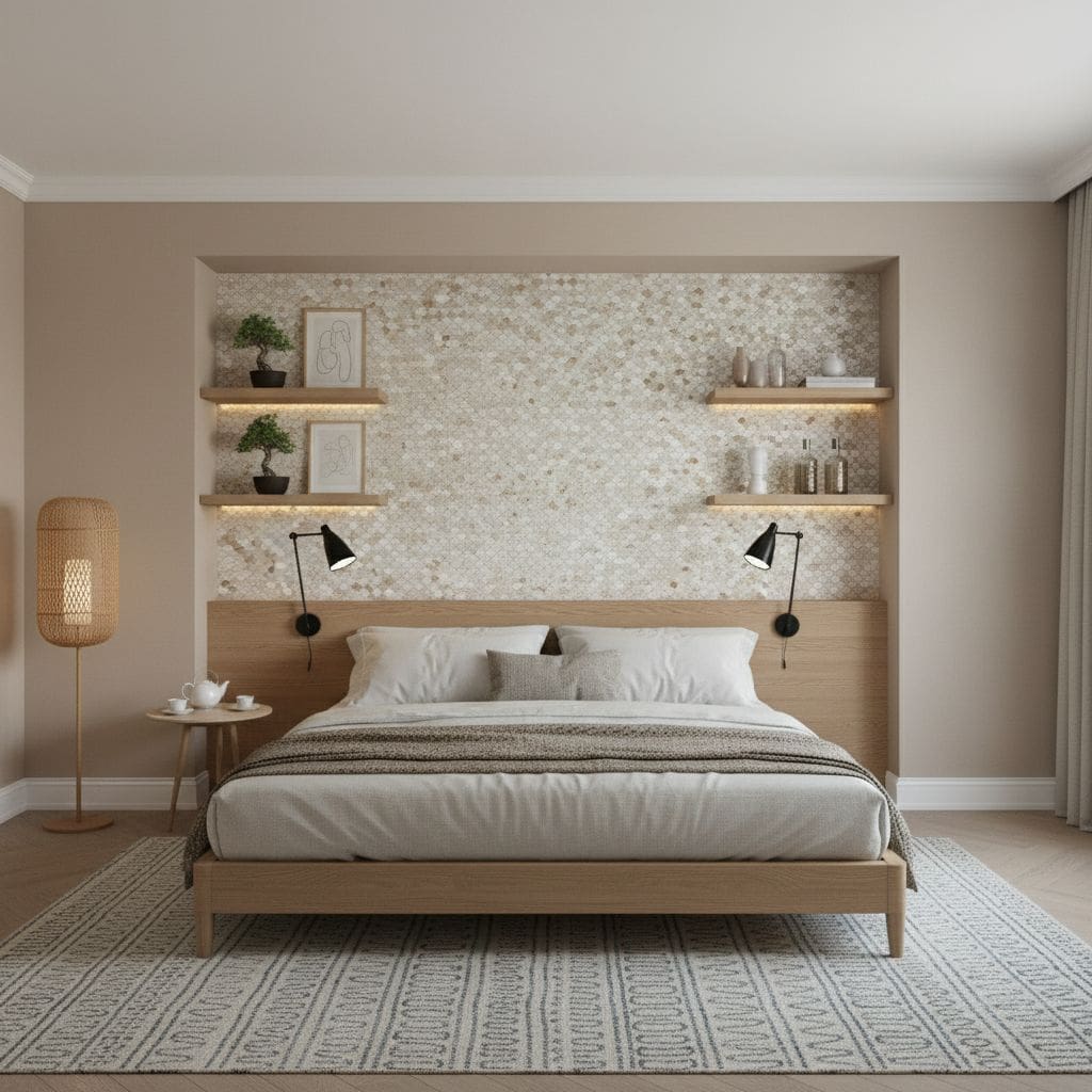 A modern bedroom featuring a decorative wall with mother of pearl shell tiles, creating a shimmering, elegant backdrop behind.