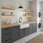 Bright kitchen with mother of pearl shell tile backsplash and modern cabinetry.