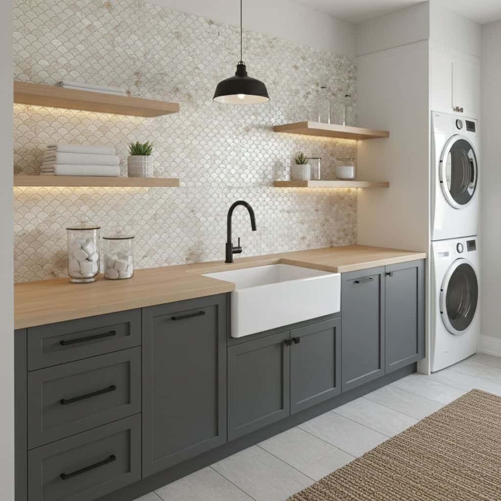 Bright kitchen with mother of pearl shell tile backsplash and modern cabinetry.
