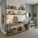Mother of pearl shell tile wall behind a wooden console table with decorative items and a mirror.