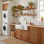 Bright kitchen featuring shell tile backsplash with mother of pearl accents and wooden cabinetry.