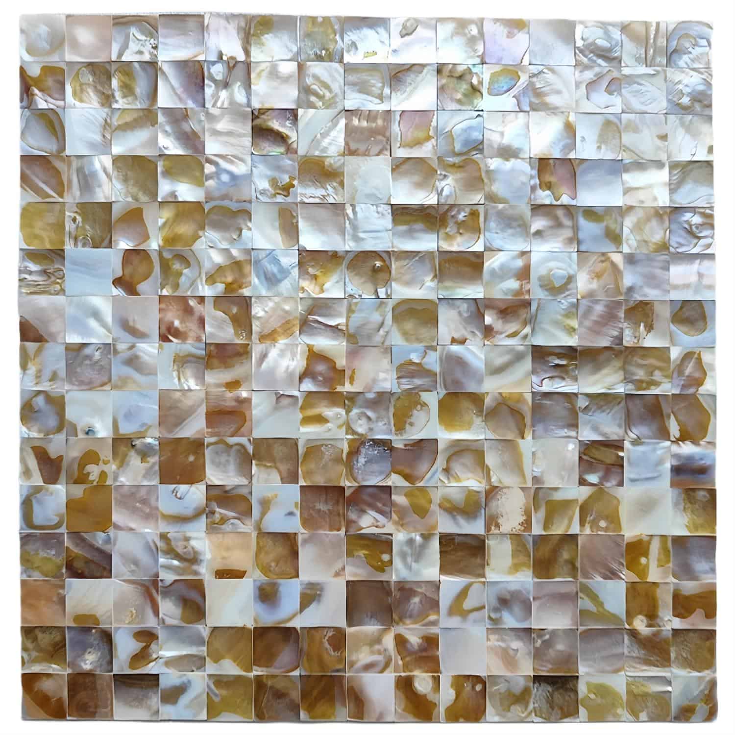 Up of iridescent mother of pearl shell tiles with a mosaic pattern.