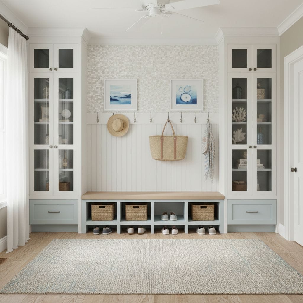 Beautiful interior featuring a shell tile accent wall with mother of pearl and seashell details.