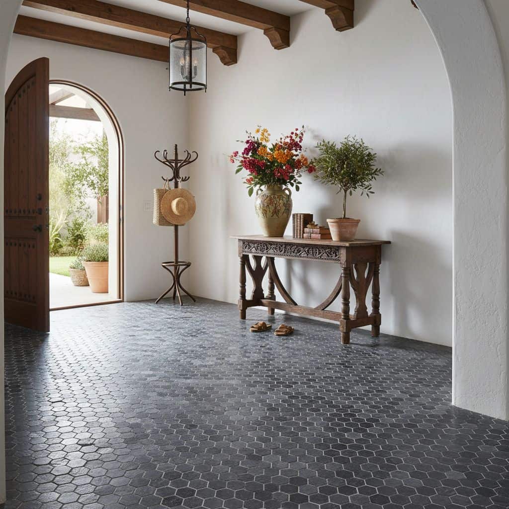 Hexagon black ceramic tile with matte finish, textured surface, and modern style.