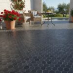 Dark gray hexagon textured outdoor tile with matte finish.