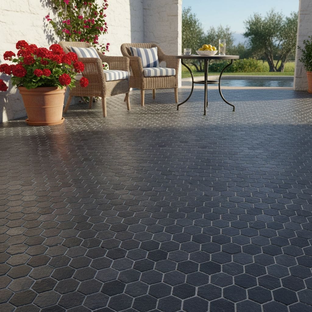 Dark gray hexagon textured outdoor tile with matte finish.