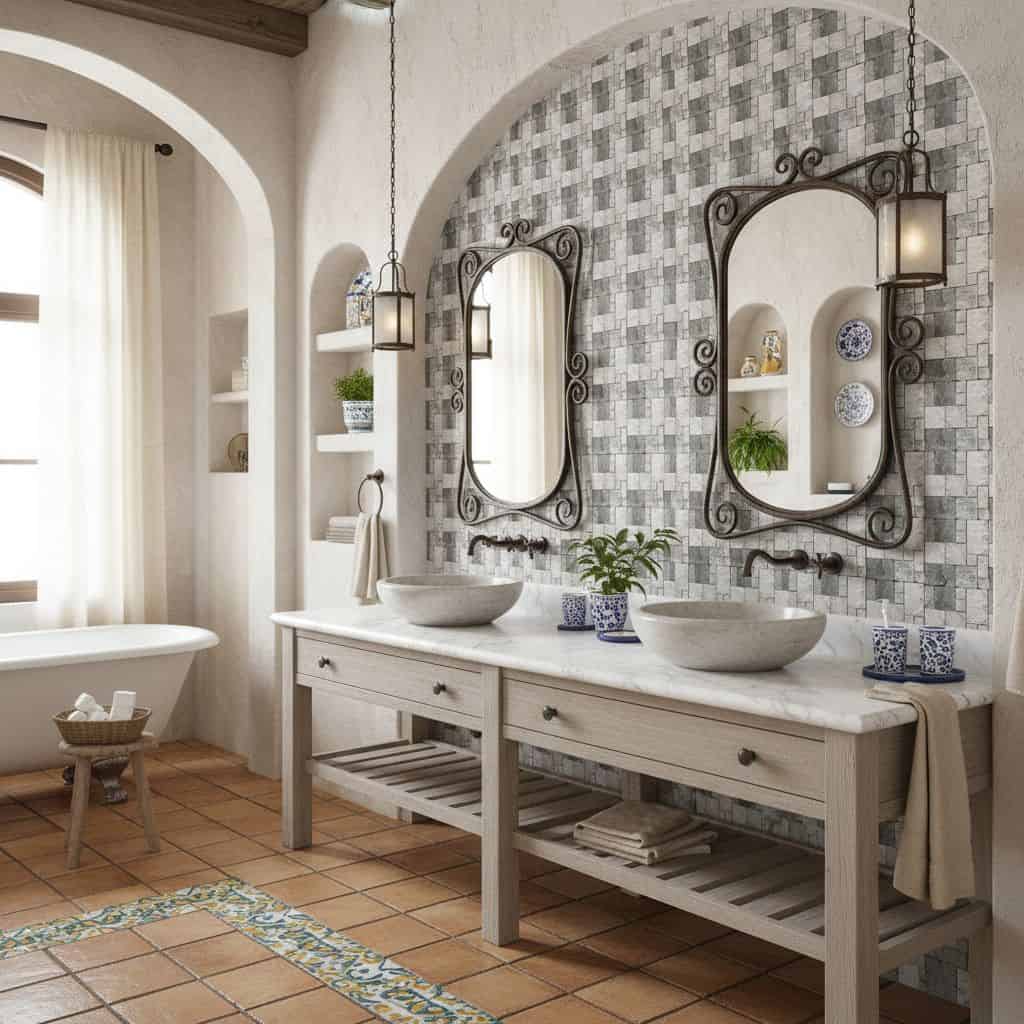 Bright bathroom featuring a double vanity with white stone sinks and decorative blue tiles. Includes mirrors, wall sconces, a.