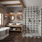 Gray stone tiles with textured surface in bathroom shower area.