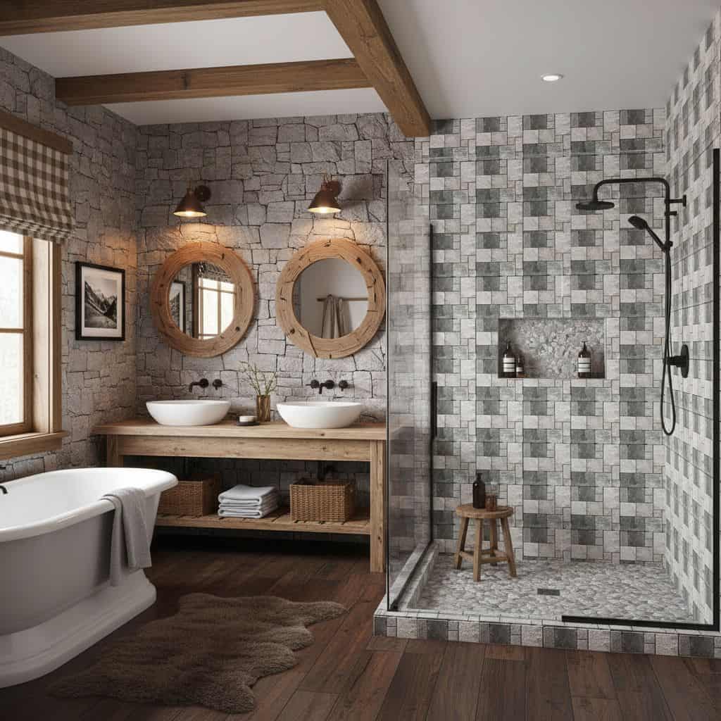 Gray stone tiles with textured surface in bathroom shower area.