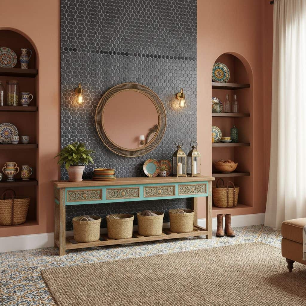 Blue hexagon tiles with textured surface and matte finish.