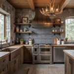 A cozy kitchen featuring natural stone walls, wooden cabinets, and a metal range hood, illuminated by an antler chandelier.
