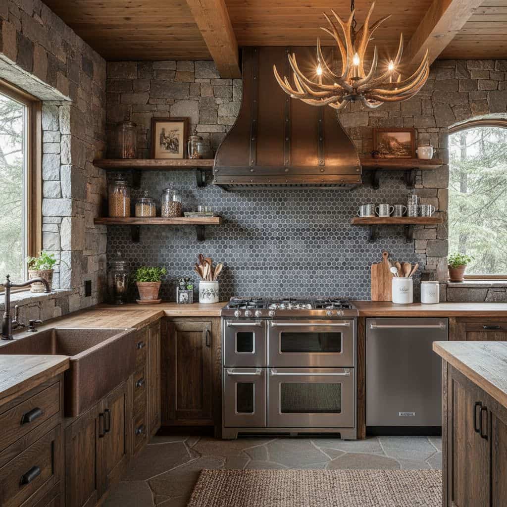 A cozy kitchen featuring natural stone walls, wooden cabinets, and a metal range hood, illuminated by an antler chandelier.