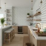 White and black geometric patterned ceramic tiles in a modern kitchen setting.