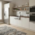 A modern kitchen featuring a beautiful oyster shell tile backsplash with a sleek design and natural textures.