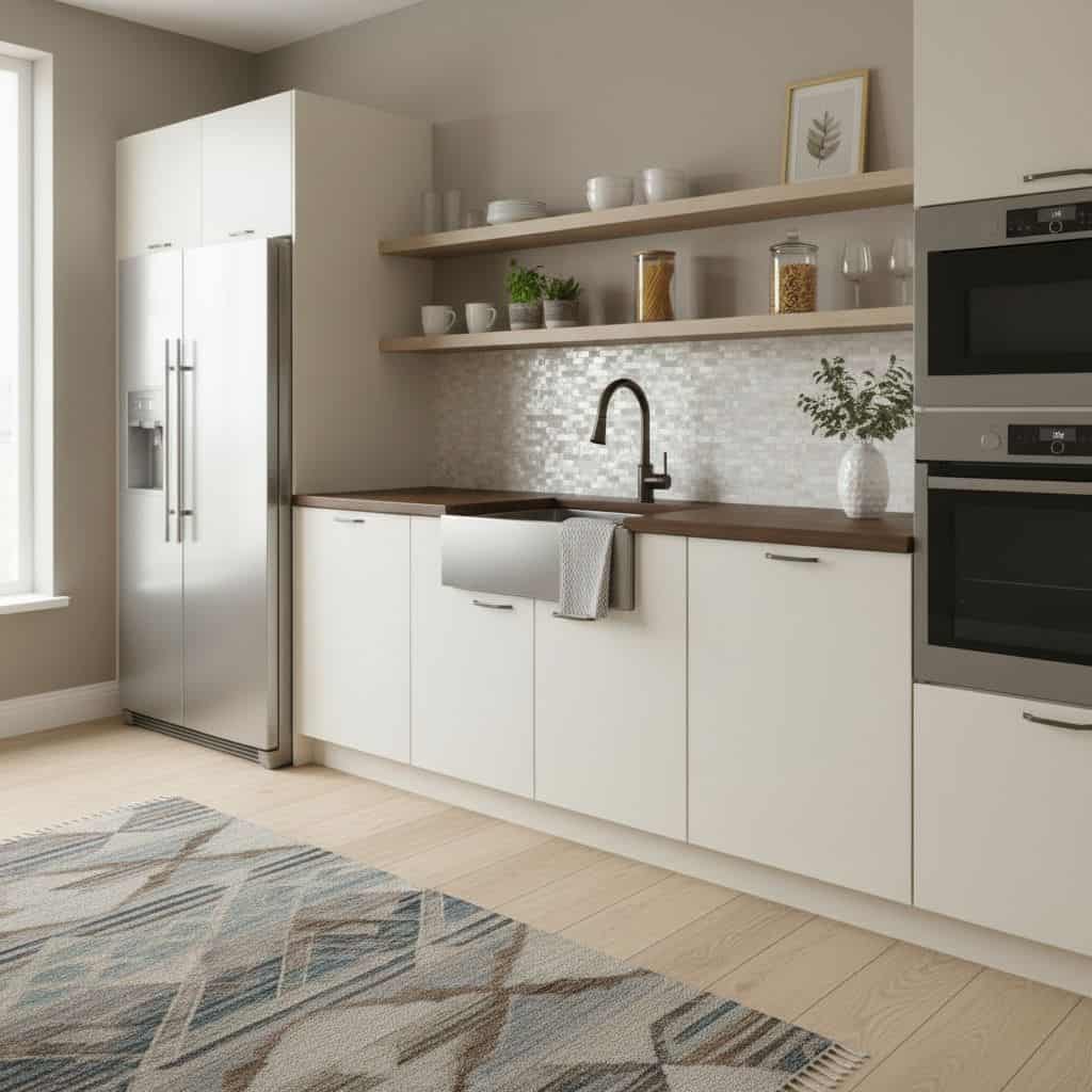 A modern kitchen featuring a beautiful oyster shell tile backsplash with a sleek design and natural textures.