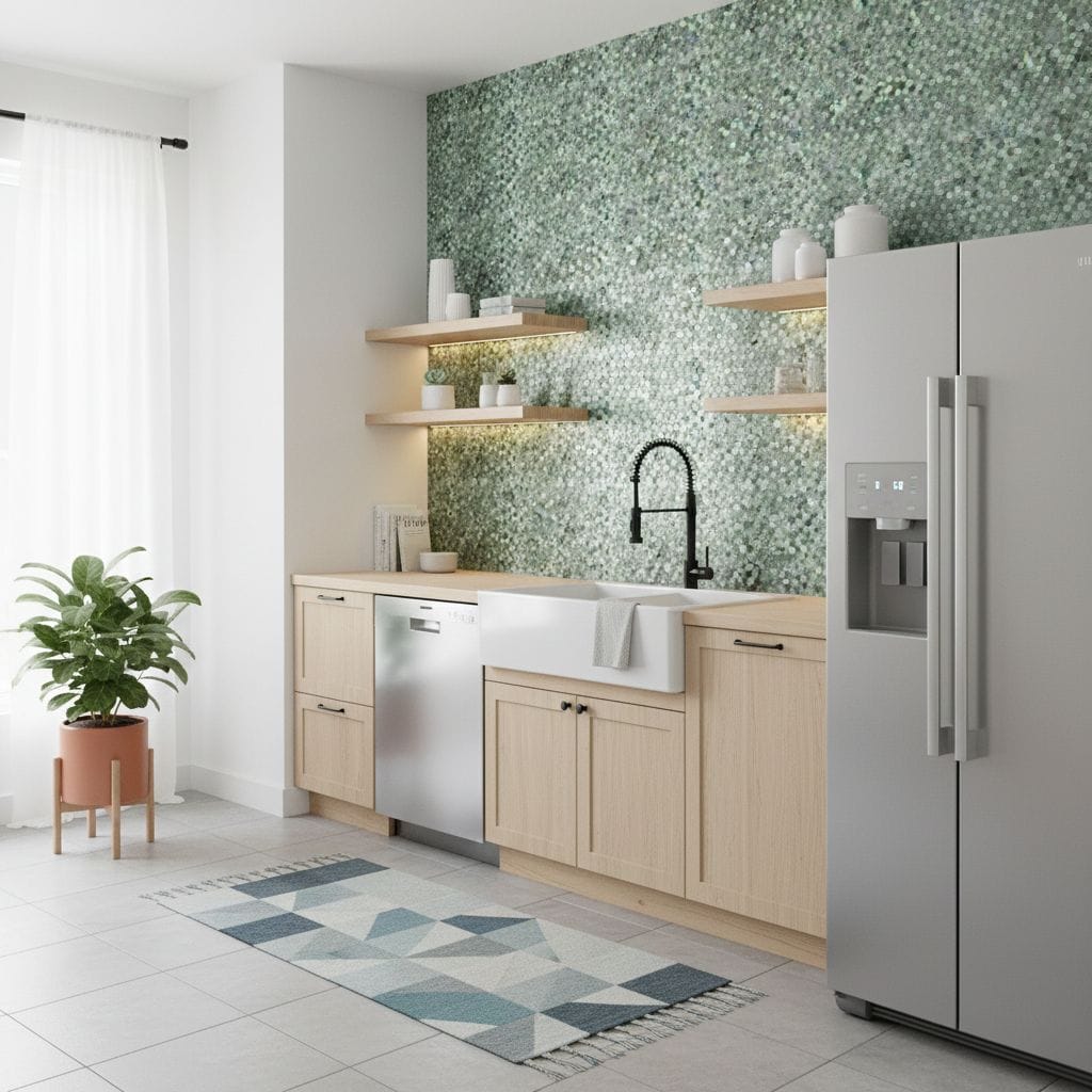 A modern kitchen featuring peel and stick tile backsplash with green mosaic tiles, light wood cabinets, and stainless steel a.