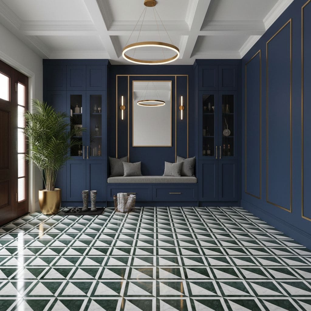 Elegant navy blue wall panels with gold trim and a black and white geometric tile floor.