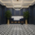 Brightly lit interior featuring navy blue wall panels with gold accents and a black-and-white geometric patterned tile floor.