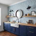Bright kitchen featuring a glass tile backsplash, black fixtures, and decorative accents.